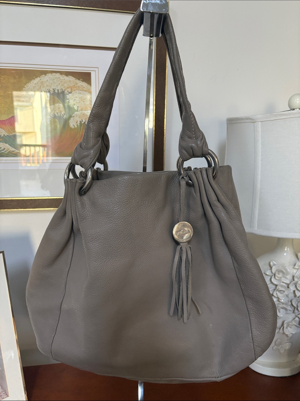 Furla Taupe Pebbled Leather Shoulder Bag with Tassel